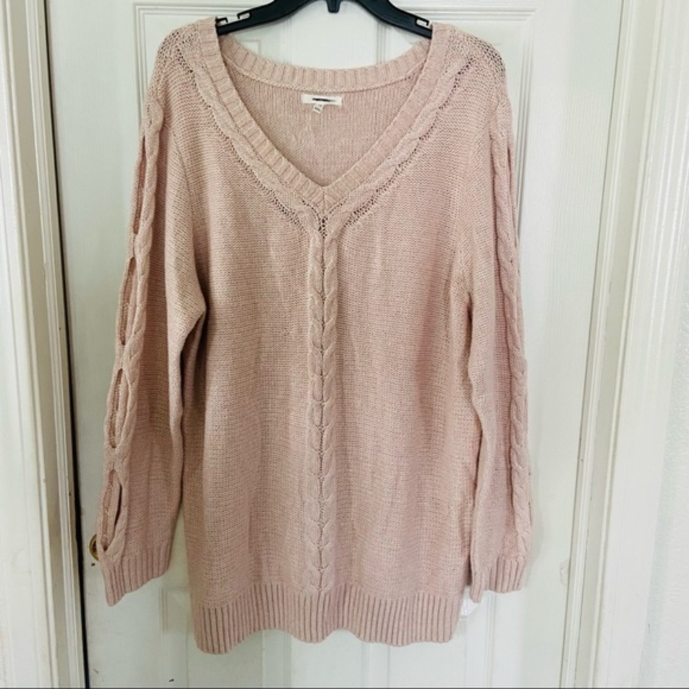 NWOT MAURICES pastel pink cable knit cut out sleeve v neck sweater size XXL